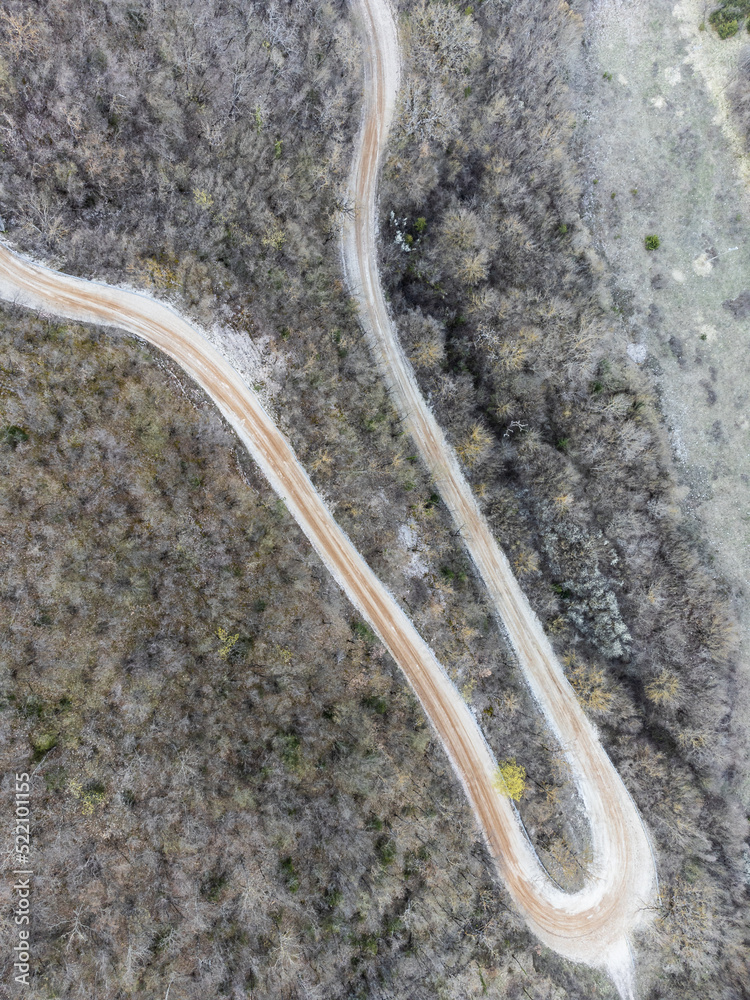 Top-down view of an hairpin bend in the middle of a forest