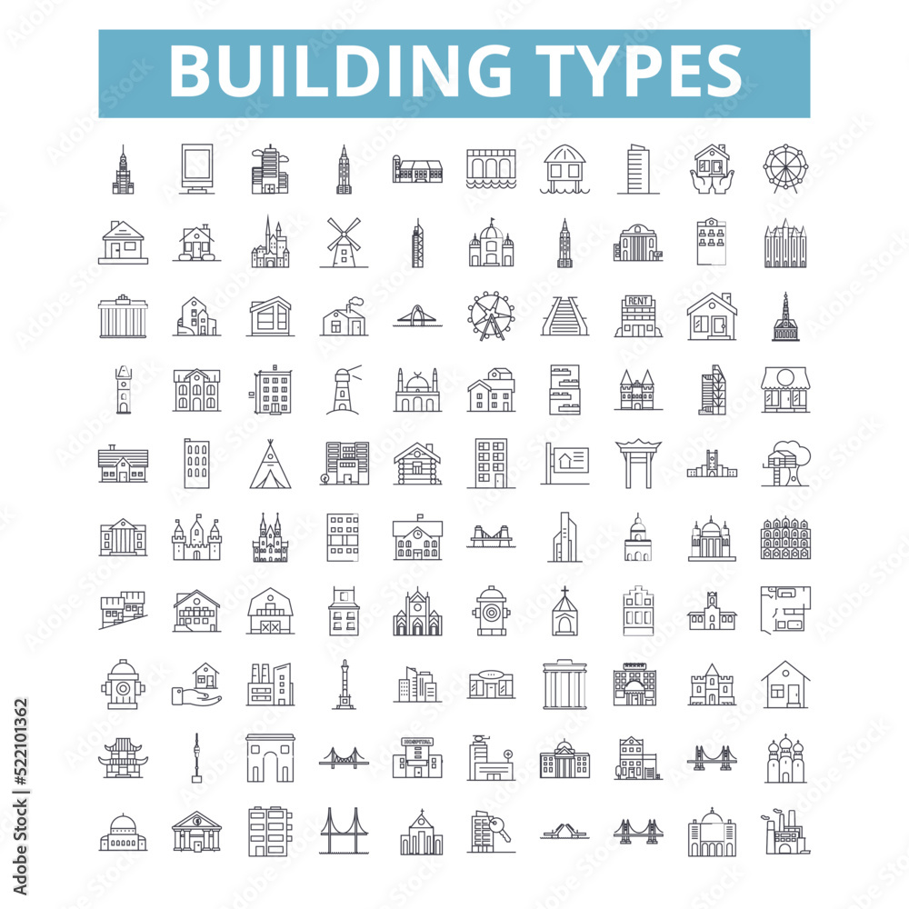 Building types icons, line symbols, web signs, vector set, isolated illustration
