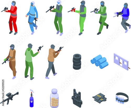 Paintball icons set isometric vector. Action player. Military shooting