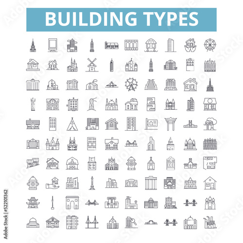 Obraz na płótnie Building types icons, line symbols, web signs, vector set, isolated illustration w salonie