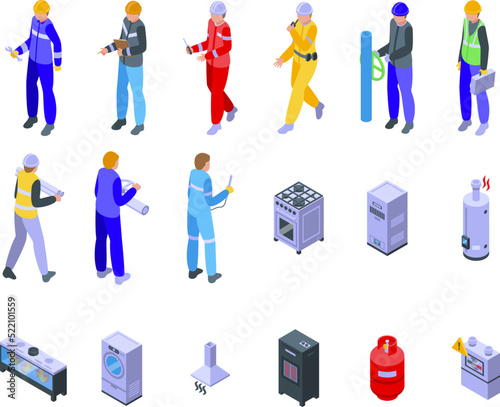 Gasman icons set isometric vector. Facility technician. Worker man