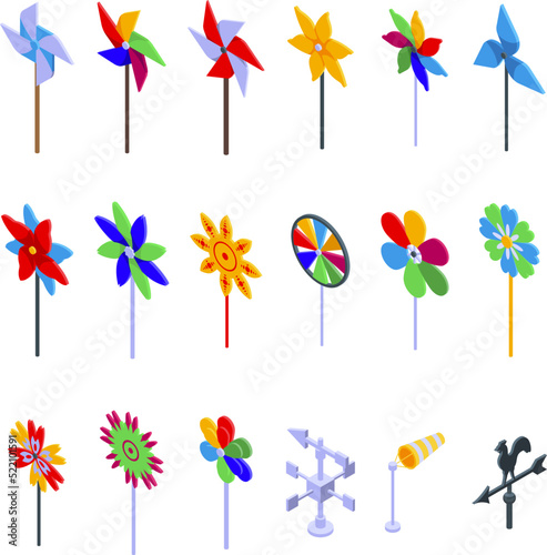 Vane icons set isometric vector. Breeze toy. Pinwheel paper