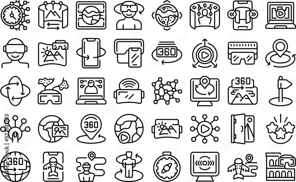 Virtual travel icons set outline vector. Adventure camp. Vr augmented Virtual travel icons set outline vector. Adventure camp. Vr augmented