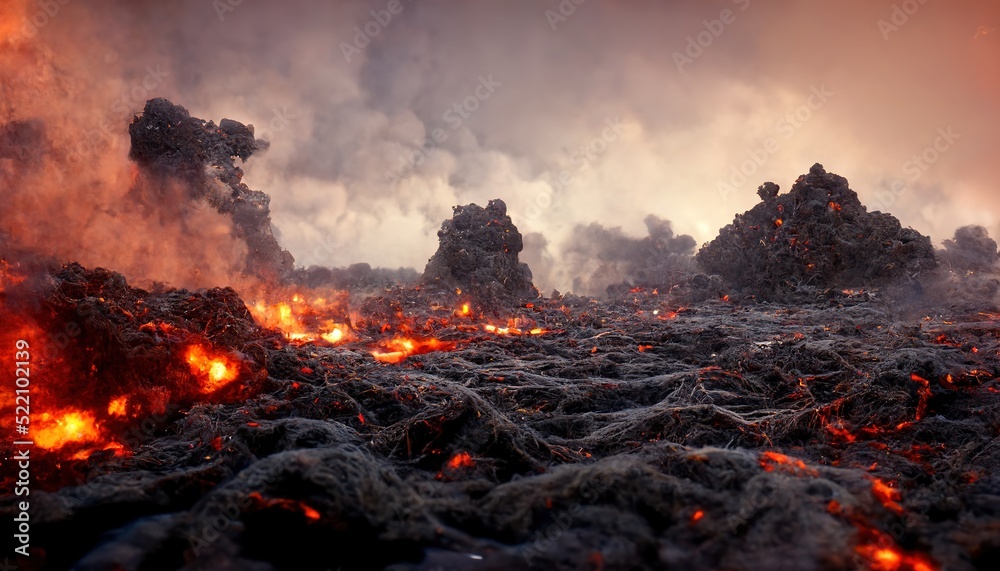 Apocalyptic volcanic landscape with hot flowing lava and smoke and ash clouds. Digital illustration.