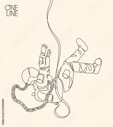 Astronaut in spacesuit. Falling man linear silhouette. Continuous line