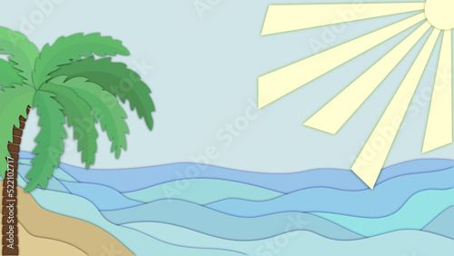 Sea  sandy shore  palm tree  bright sun in the sky. Background for presentation and web design. Minimalism. Paper cut style. Vector.