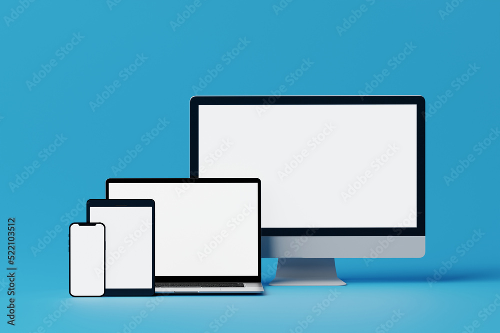 Laptop, phone and tablet with blank empty white screen. Concept of content replenishment, showing pages on different devices. 3d rendering, 3d illustration. Laptop, phone and tablet with blank empty white screen. Concept of content replenishment, showing pages on different devices. 3d rendering, 3d illustration.