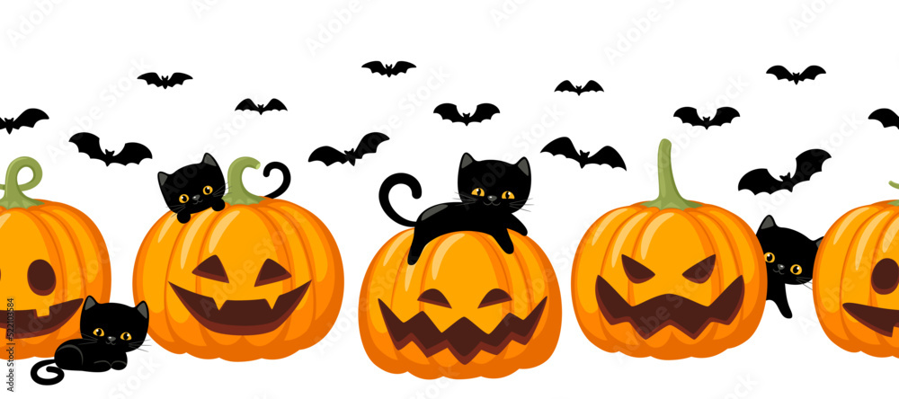 Horizontal seamless pattern with halloween pumpkins blacks cats and bats. Scary pumpkin with smile. Vector illustration isolated on white background. Halloween and autumn concept.
