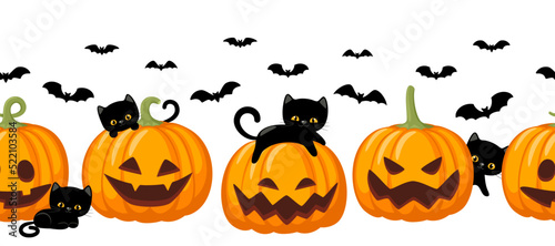Horizontal seamless pattern with halloween pumpkins blacks cats and bats. Scary pumpkin with smile. Vector illustration isolated on white background. Halloween and autumn concept.