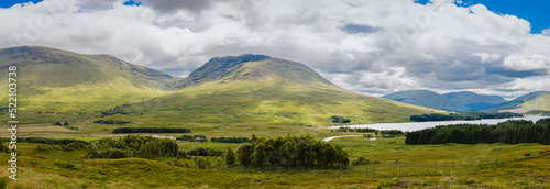 Panoramic view of the Scottish highlands on a cloudy morning