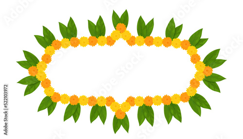 Traditional Indian flower garland frame with marigold flowers and mango leaves. Decoration for Indian Hindu holidays. Vector illustration isolated on white background.