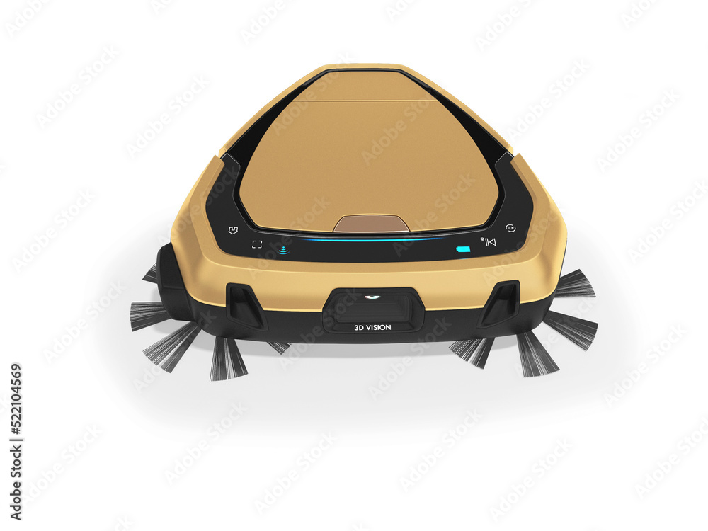 Robot vacuum cleaner with two brushes and camera on white background
