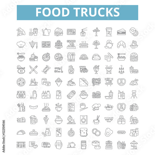 Food trucks icons, line symbols, web signs, vector set, isolated illustration