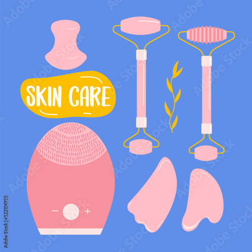 Set of massage products, Gua Sha roller and vibro sponge, from green quartz stone. Every day beauty routine for cleansing and anti age procedure.
