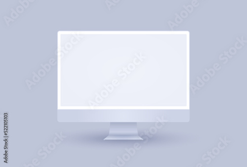 White computer display mockup. Clay desktop pc in 3d realistic style for promo your web design or presentation. Clay tv with blank screen isolated on purple background with shadow.