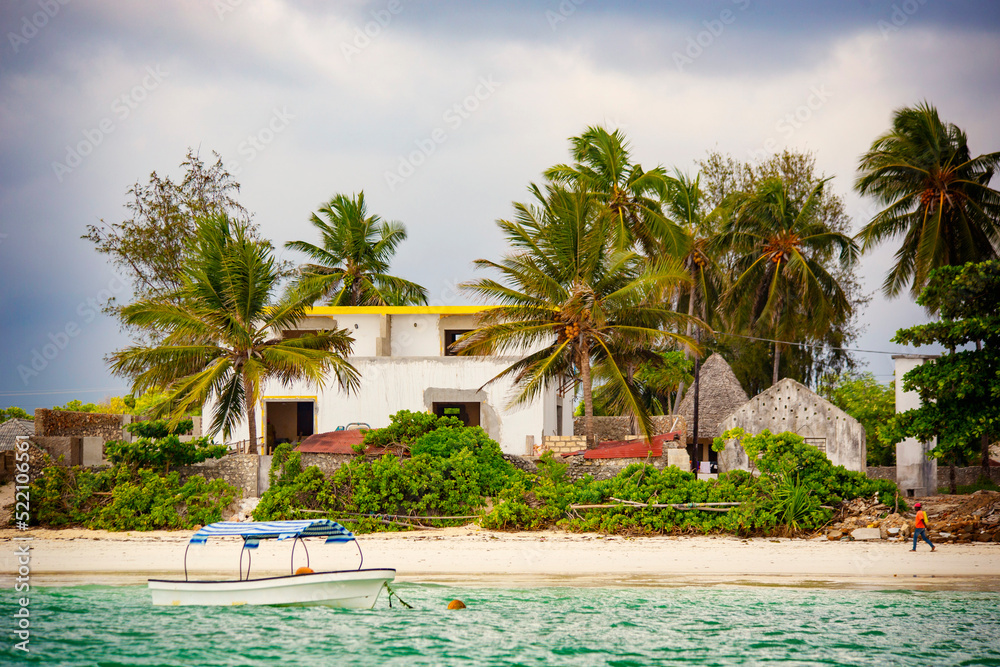 Beautiful Zanzibar beach hotel, traditional exotic beach huts at Matemwe beach, Zanzibar, Tanzania