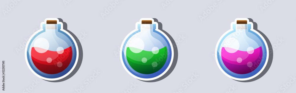 Potion bottle set. Elixir of health or mana. Icons for video games. Vector clipart. A bottle of colorful potion. Potion bottle set. Elixir of health or mana. Icons for video games. Vector clipart. A bottle of colorful potion.