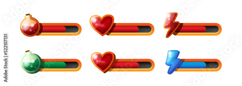 Mana, health, energy. Mana bar, energy bar, life bar. Scale for video game. Video game interface elements. Vector clipart isolated on white background.	
