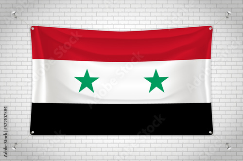 Syria flag hanging on brick wall. 3D drawing. Flag attached to the wall. Neatly drawing in groups on separate layers for easy editing. Free Download Syria flag hanging on brick wall. 3D drawing. Flag attached to the wall. Neatly drawing in groups on separate layers for easy editing. - GFXLoad