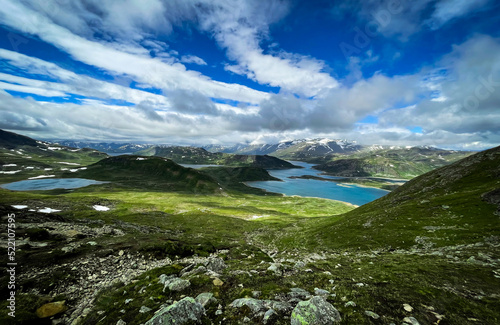 View from the mountain Bitihorn over the valley in Jotunheimen National Park, Norway