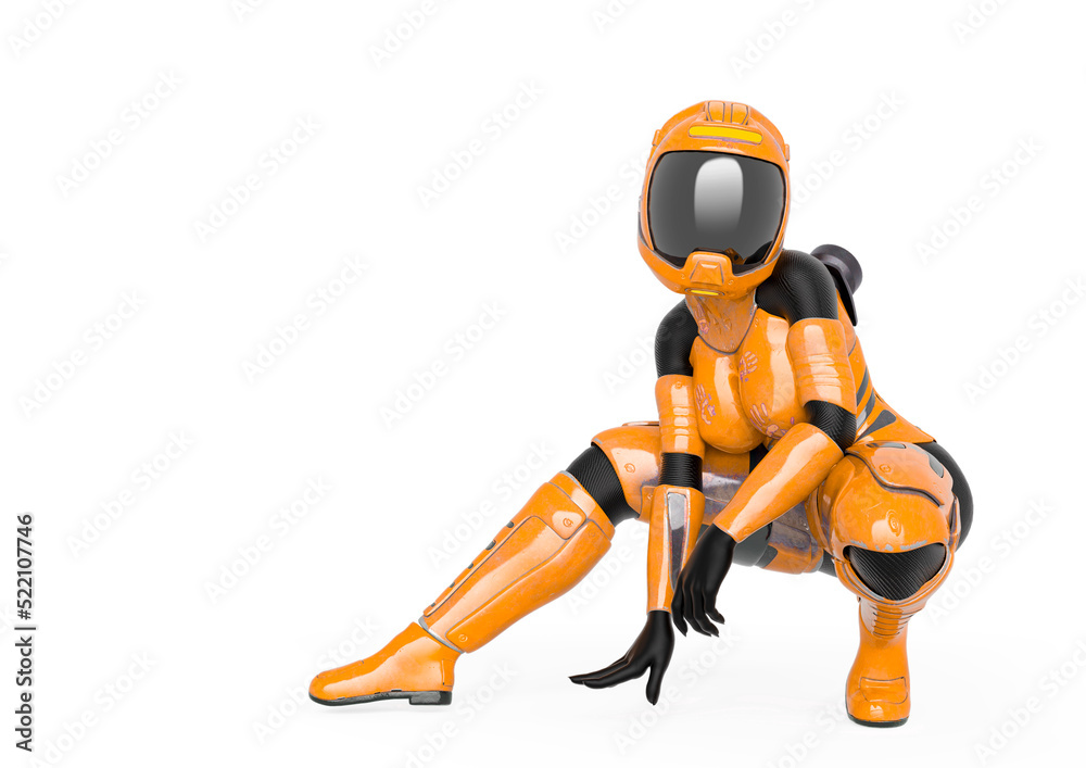 coolest astronaut girl is crouching in white background with copy space coolest astronaut girl is crouching in white background with copy space