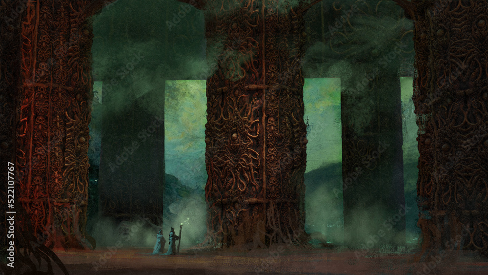 Naklejka premium Digital painting of a dark ominous temple with glowing fog floating through - fantasy illustration