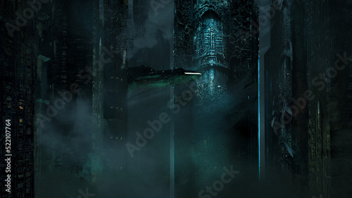 Digital painting of a gothic cyber punk future city dark blue and green with flying space ship - fantasy illustration