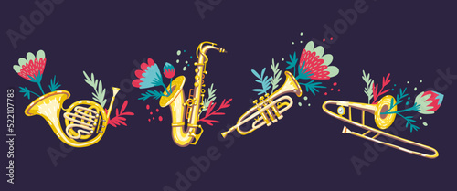 Set of brass musical instruments, decorated with flowers. Symphony orchestra. Classical wind instruments: trumpet, saxophone, trombone french horn. Hand-drawn flat cartoon vector photo