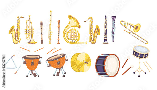 Big set of classical musical instruments. Symphony orchestra. Brass and wooden wind instruments and drums. Hand-drawn flat cartoon vector