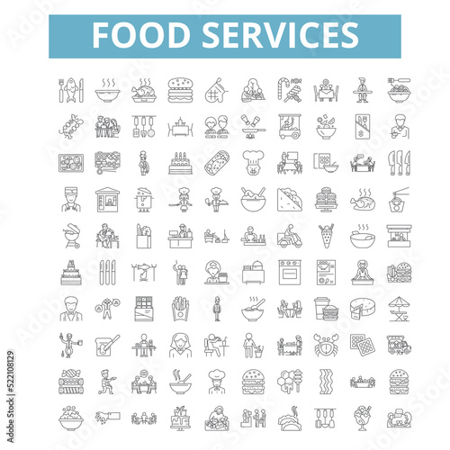 Food services icons, line symbols, web signs, vector set, isolated illustration