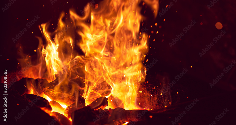 Burning fire in blacksmith's workshop forge