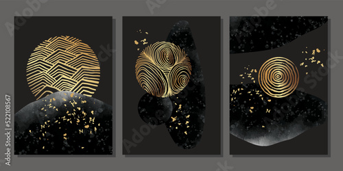 Set of luxury gold wall art. Black watercolor stains and golden circles, planets. Space concept. Abstract minimalist art mural illustration on black background