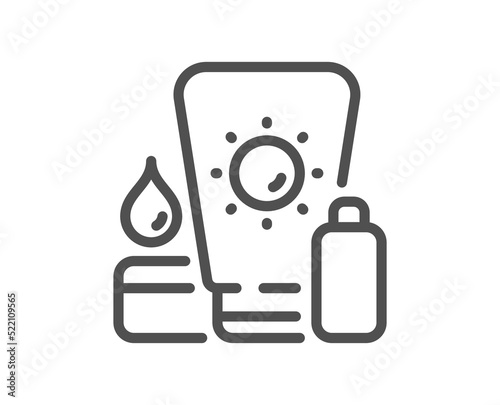 Sunscreen line icon. Sun cream sign. Sunblock lotion symbol. Quality design element. Linear style sunscreen icon. Editable stroke. Vector