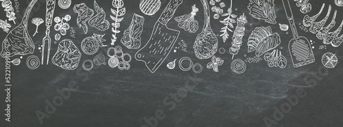Restaurant Food Menu Design. Chicken legs, steaks, lamb ribs with vintage kitchenware kitchen utensils. Meat Fork and Butcher Cleaver and herbs knife. Sauces and ingredients for grilling. Vector.