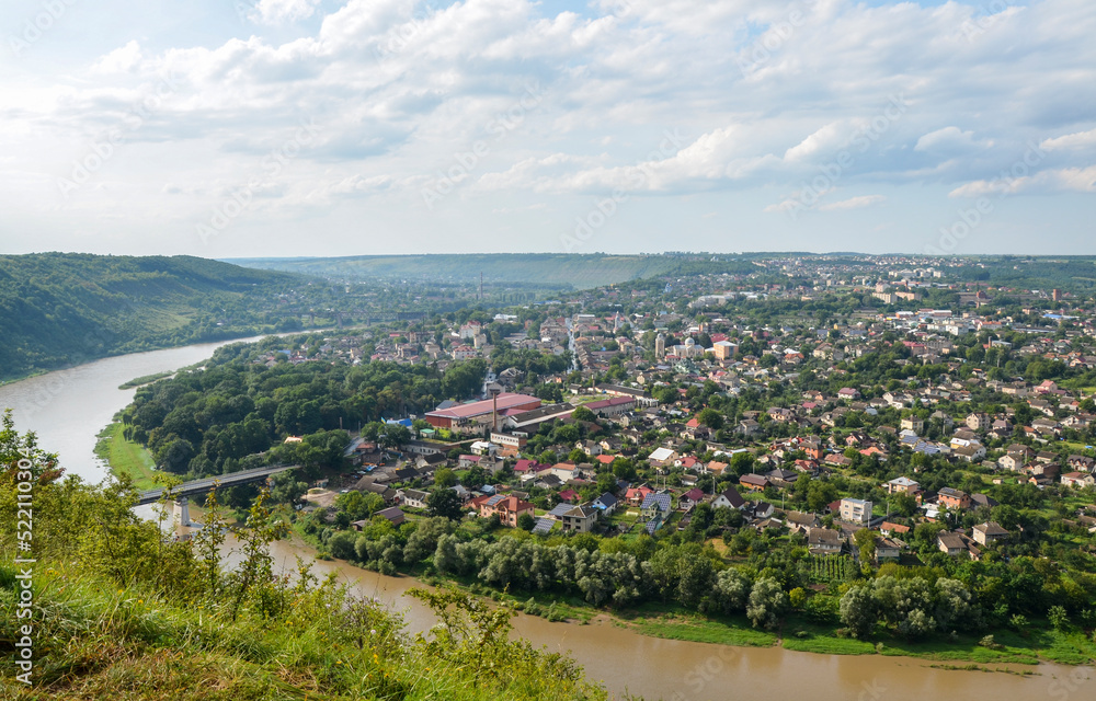 Dnister River and Zalishchyky city seen from viewpoint in Khreshchatyk village, Ukraine