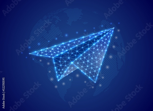 Paper airplane 3d low poly symbol with blue world map background. Travel concept design illustration. Aviation polygonal symbol with connected dots