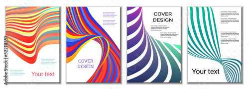 A set of 4 abstract covers. Wavy parallel gradient lines, ribbons evolve. Cover design, background. Trendy banner, poster.