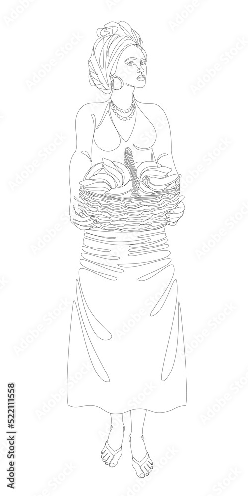 Silhouettes of a girl in a headscarf. The lady is holding a basket of bananas in her hands. Woman in modern one line style. Solid line, decor outline, posters, stickers, logo. vector illustration.
