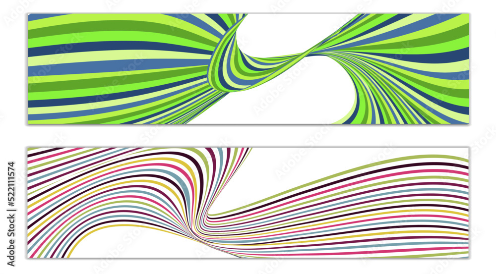 Wavy lines or ribbons. Set of 2 covers. Multicolored striped. Creative unusual background with abstract wave lines for creating a trendy banner, poster. vector eps
