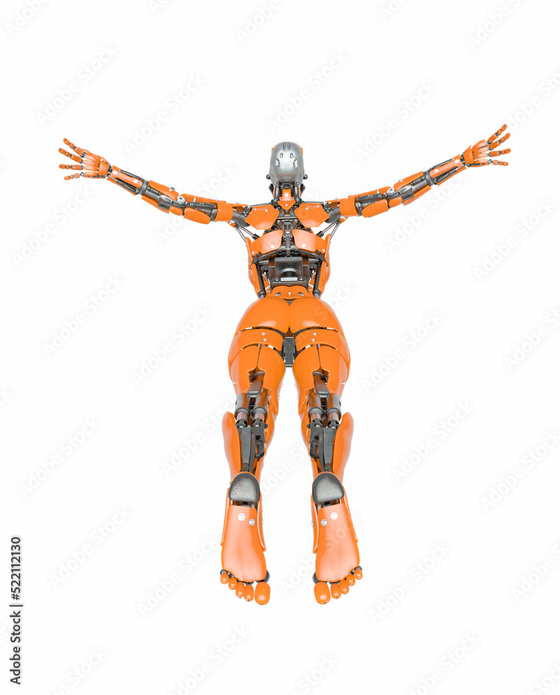 cyborg girl is flying free on white background rear view cyborg girl is flying free on white background rear view