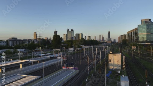 Aerial panorama of Warsaw city during sunset. View from Warsaw West train station side.