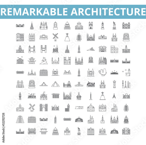Remarkable architecture icons, line symbols, web signs, vector set, isolated illustration