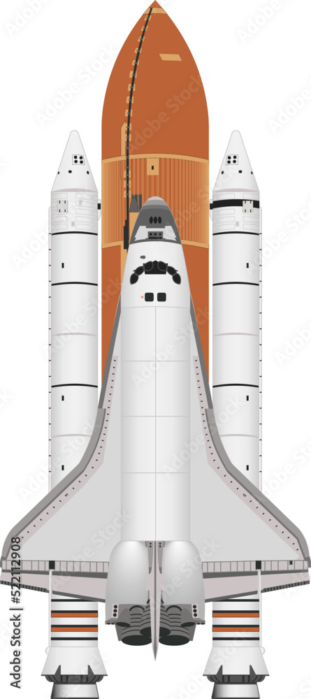 Space Shuttle with rocket booster isolated on white background. Vector illustration.