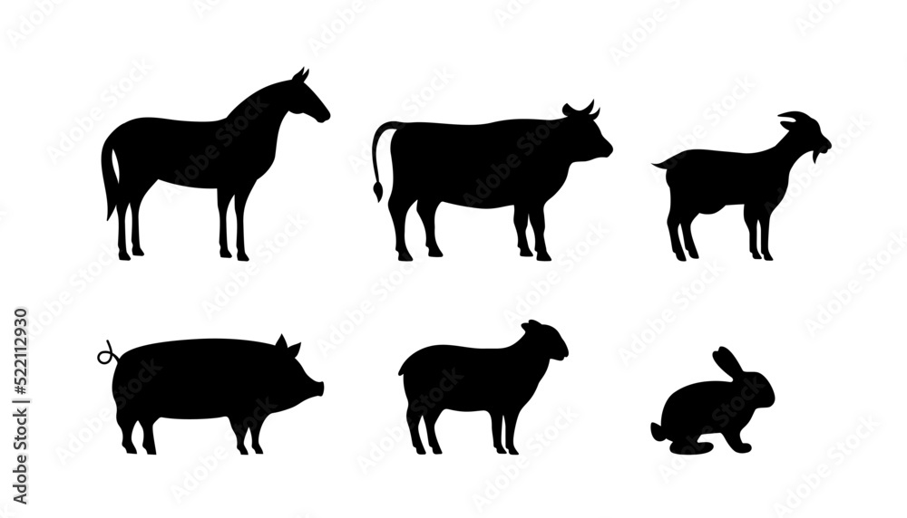 Set of Farm animal silhouettes. Pig, Horse, Goat, Sheep, Rabbit, Cow black silhouettes. Farm animals character icons set isolated on white background