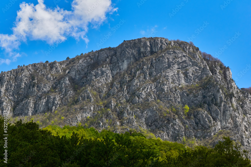 Mountain peak with white rocks in Baile Herculane summer sunny day