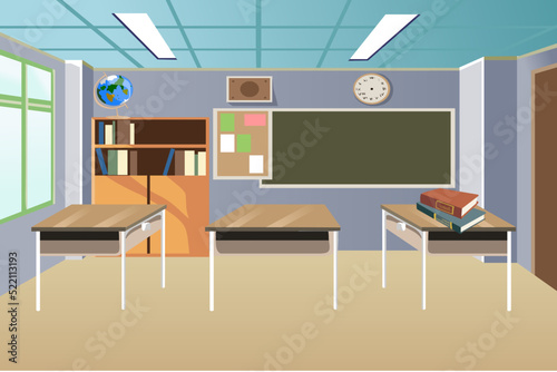 School classroom interior. university, educational concept, blackboard, table vector.