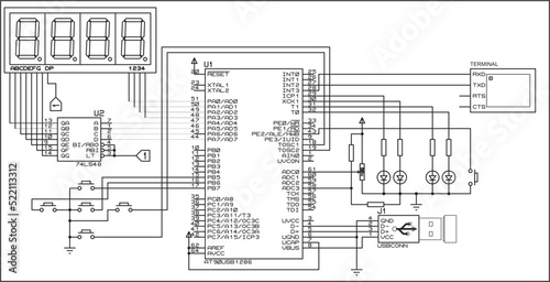 The vector  electrical schematic diagram of a digital usb
information output device,
operating under the control of an ATmega microcontroller.
Vector drawing of an electronic device in a1 format. photo