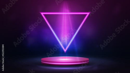 Empty podium with pink and blue triangle neon frame floating in the air