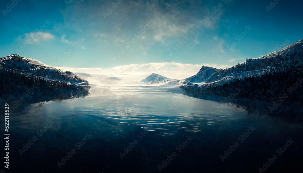 Frozen winter lake, ice on the river, lake in the winter forest. Winter landscape, ice, frost, snow. 3D illustration.