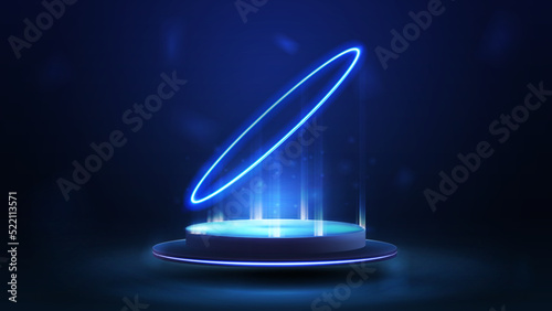 Empty blue podium floating in the air with blue neon ring in the air